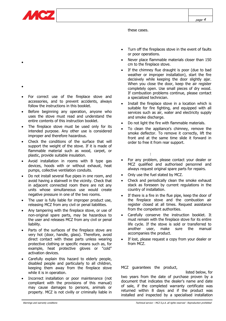 Warnings and warranty conditions | MCZ Forma PURO 115 User Manual | Page 4 / 40