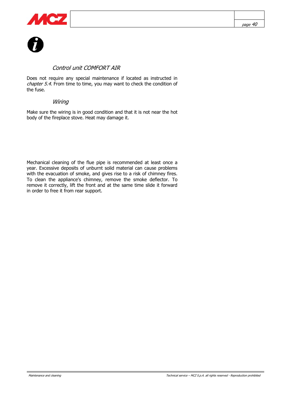 Control unit comfort air, Wiring | MCZ Forma PURO 115 User Manual | Page 40 / 40