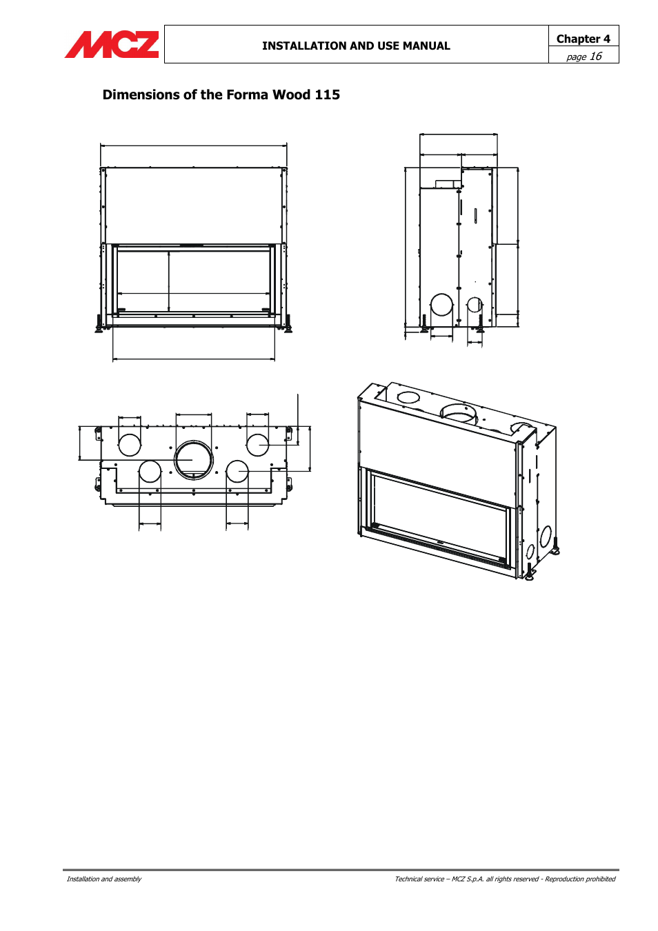 Dimensions of the forma wood 115 | MCZ Forma Wood 115 User Manual | Page 16 / 46