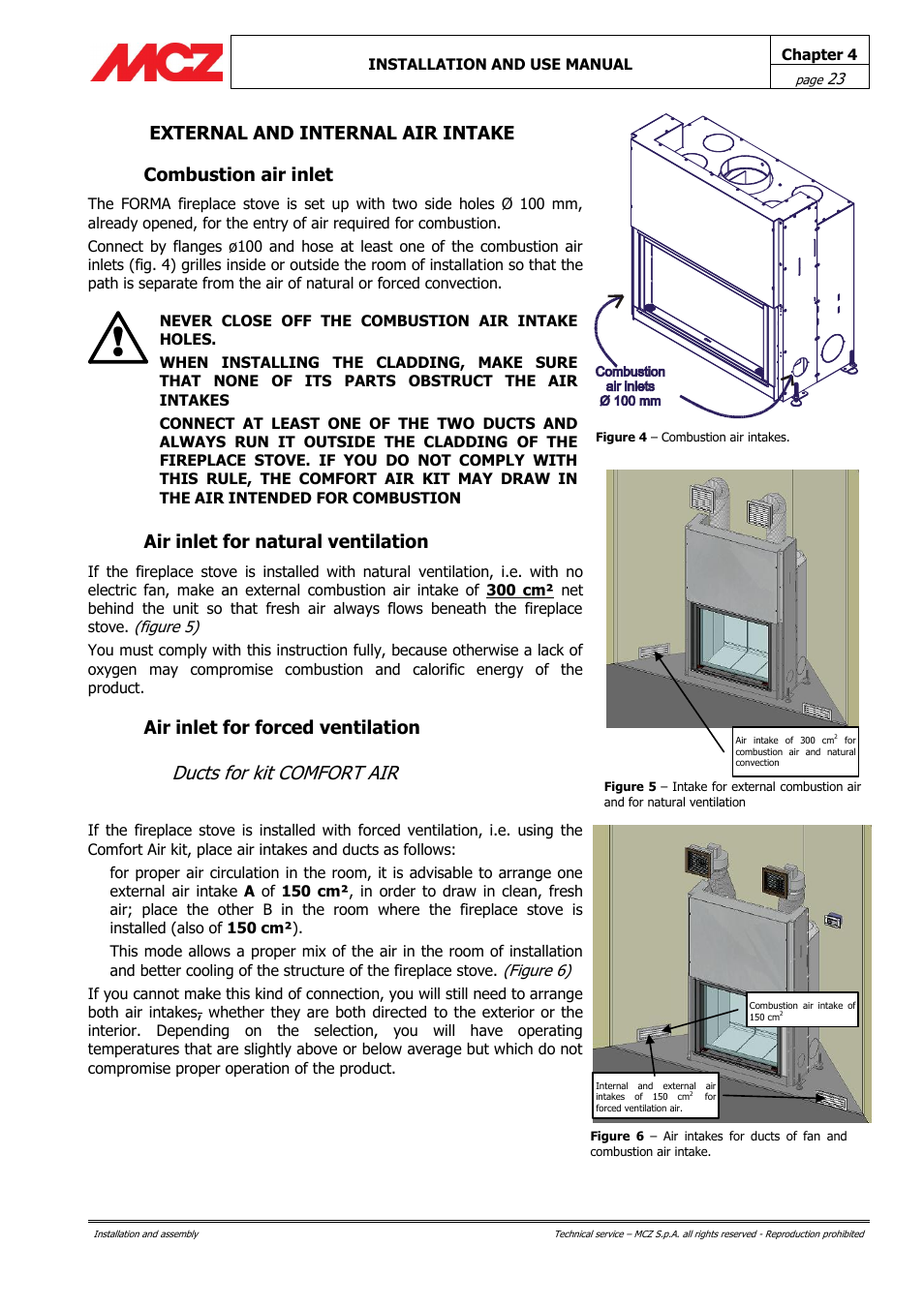 External and internal air intake, Combustion air inlet, Air inlet for natural ventilation | Air inlet for forced ventilation, Ducts for kit comfort air, Air inlet for forced ventilation 4.6.3.1 | MCZ Forma Wood 115 User Manual | Page 23 / 46