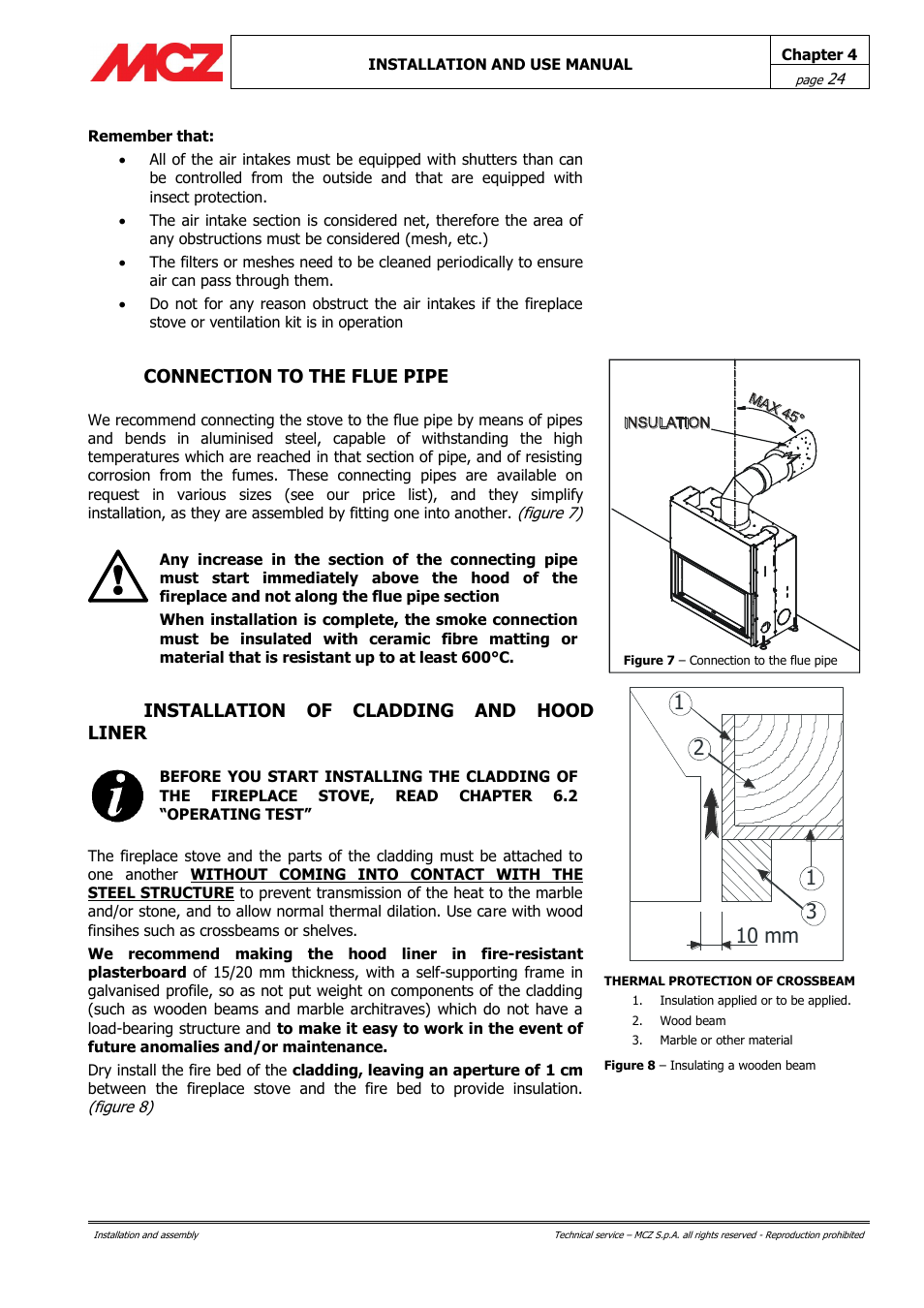 Connection to the flue pipe, Installation of cladding and hood liner | MCZ Forma Wood 115 User Manual | Page 24 / 46