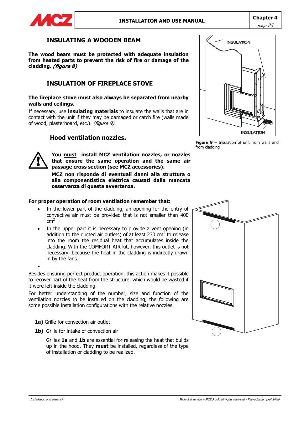 Insulating a wooden beam, Insulation of fireplace stove, Hood ventilation nozzles | MCZ Forma Wood 115 User Manual | Page 25 / 46