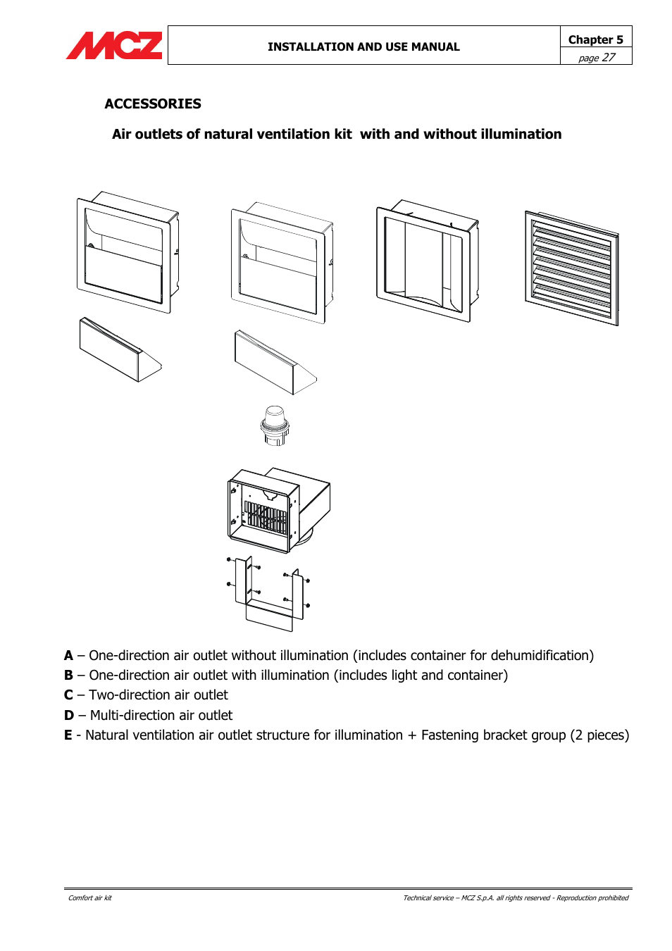 Accessories, Ac d b e | MCZ Forma Wood 115 User Manual | Page 27 / 46