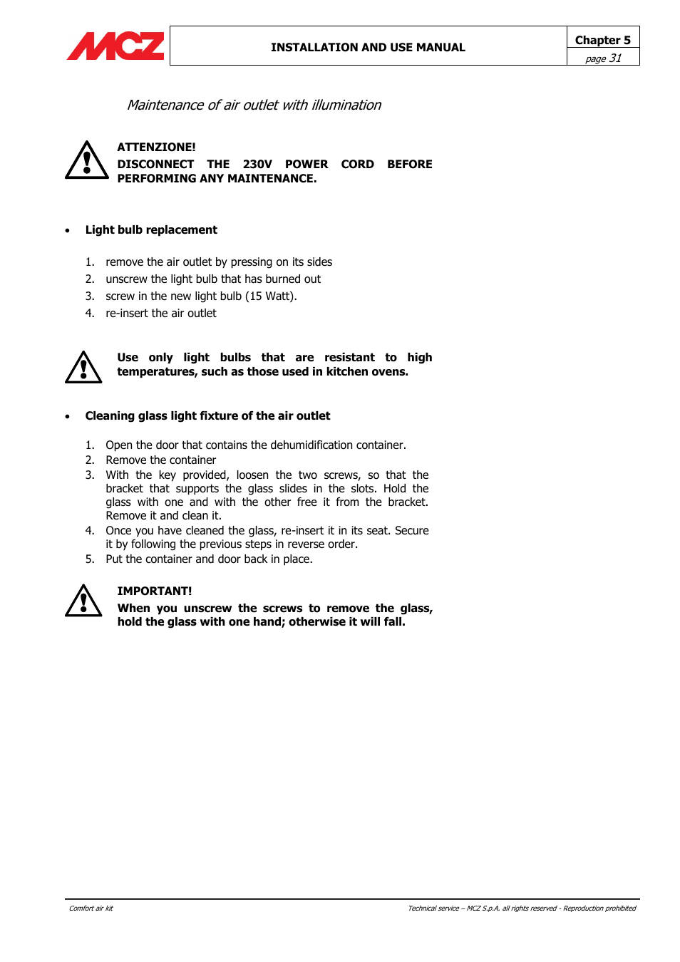 Maintenance of air outlet with illumination | MCZ Forma Wood 115 User Manual | Page 31 / 46