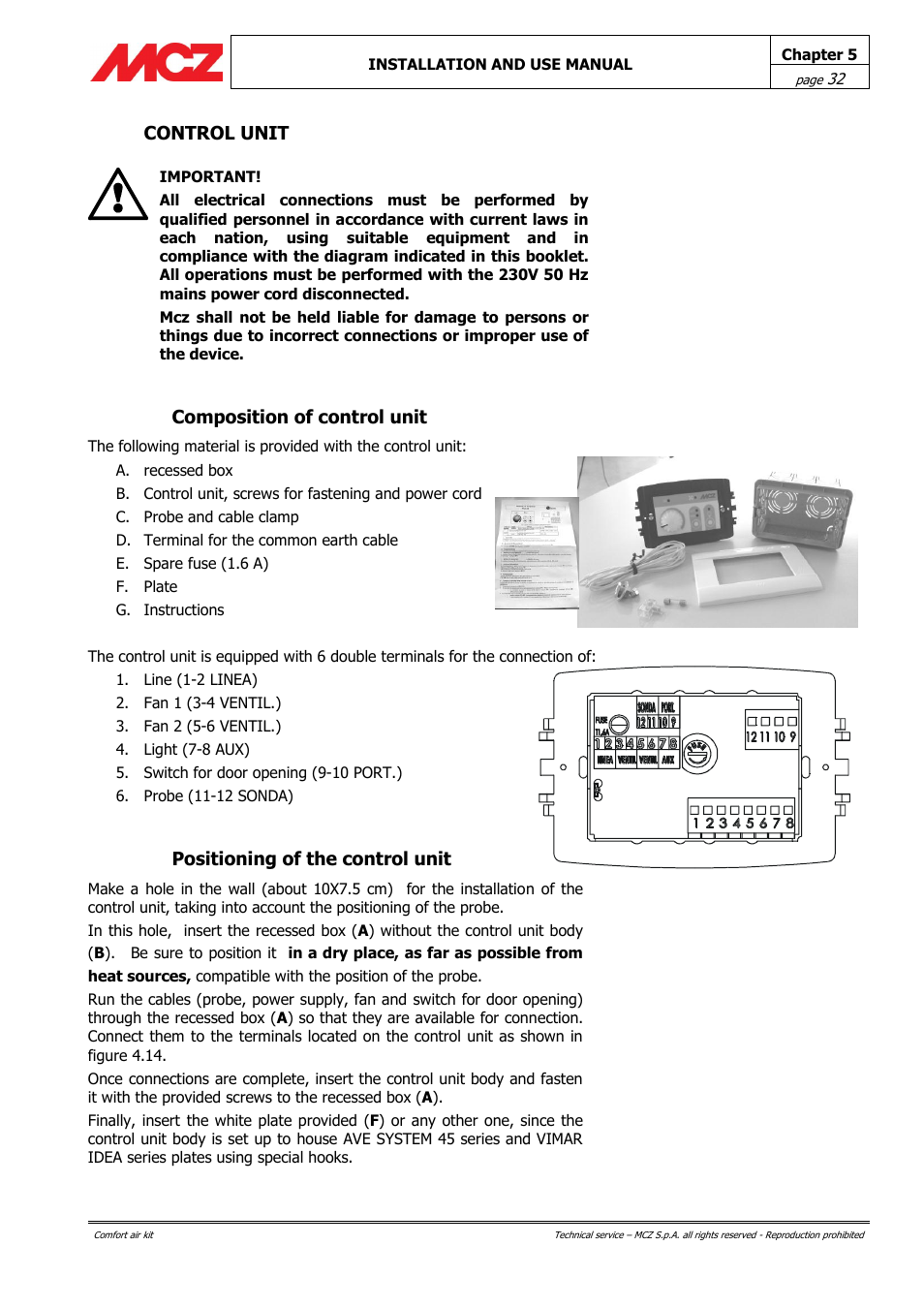 Control unit, Composition of control unit, Positioning of the control unit | MCZ Forma Wood 115 User Manual | Page 32 / 46