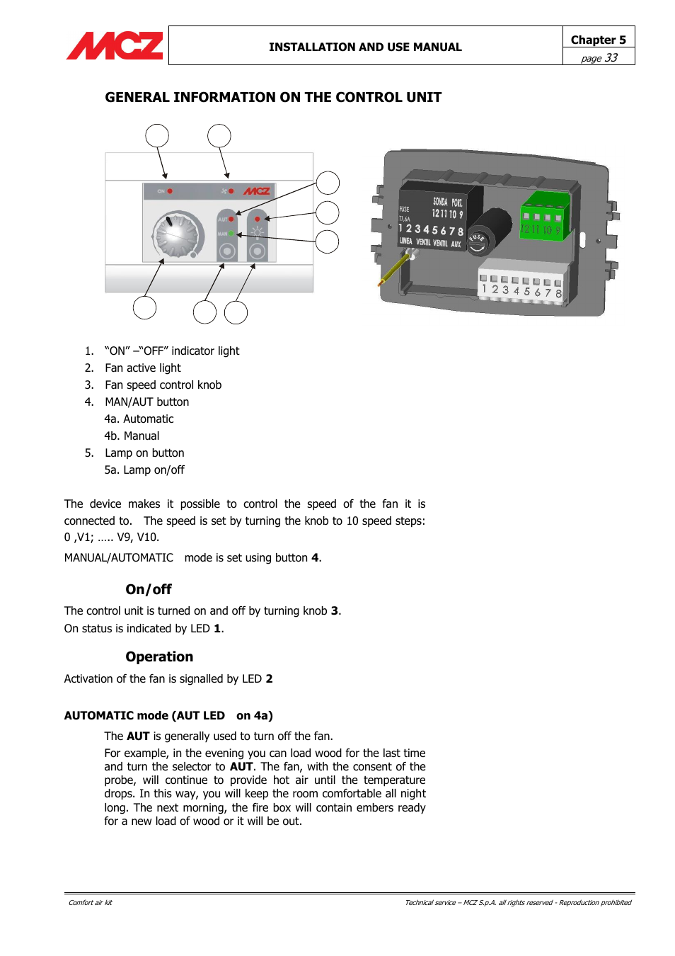 General information on the control unit, On/off, Operation | MCZ Forma Wood 115 User Manual | Page 33 / 46