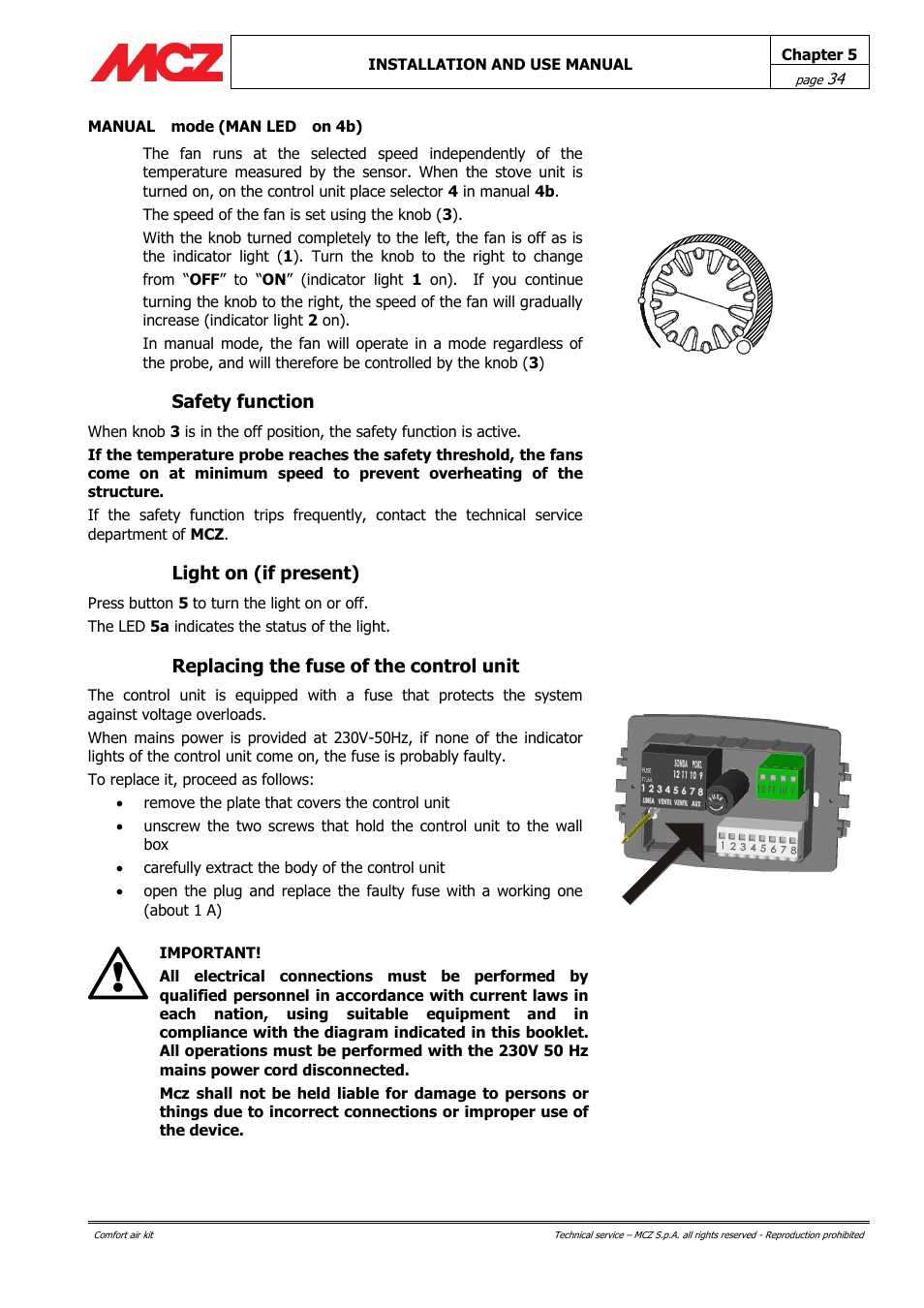 Safety function, Light on (if present), Replacing the fuse of the control unit | On off | MCZ Forma Wood 115 User Manual | Page 34 / 46