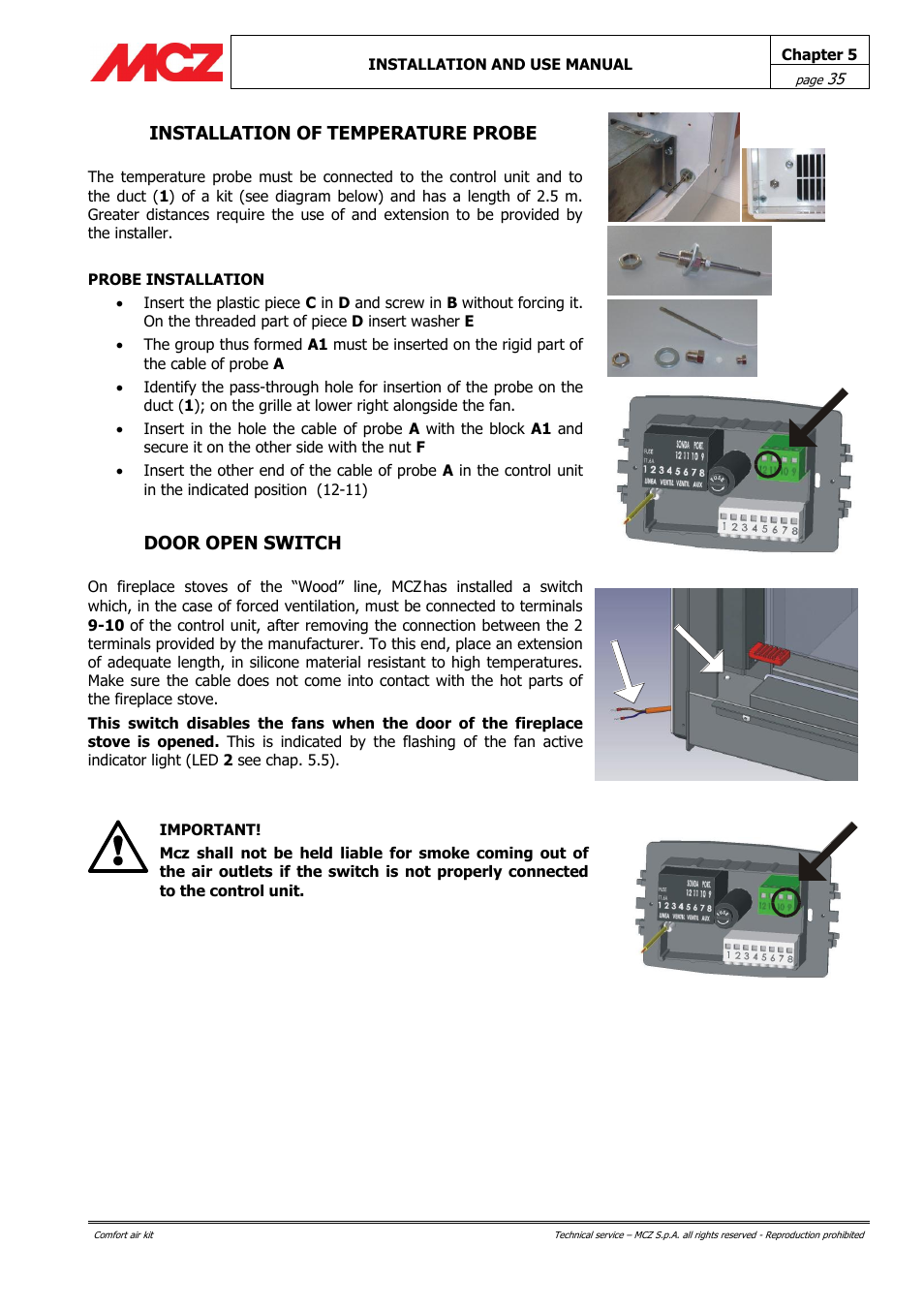 Installation of temperature probe, Door open switch | MCZ Forma Wood 115 User Manual | Page 35 / 46