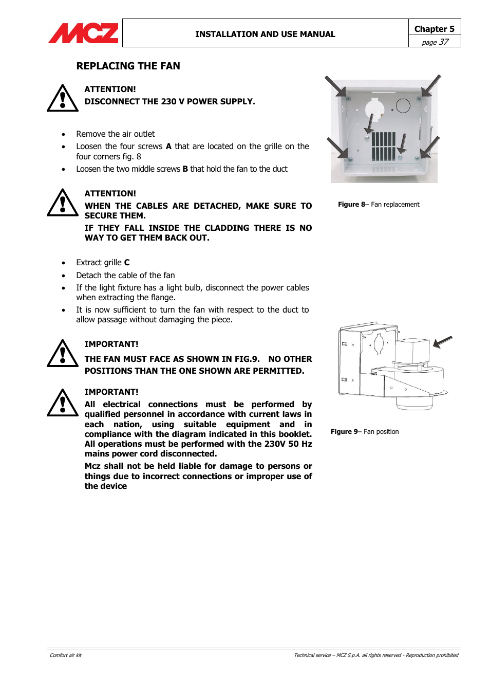 Replacing the fan, Ab b c | MCZ Forma Wood 115 User Manual | Page 37 / 46