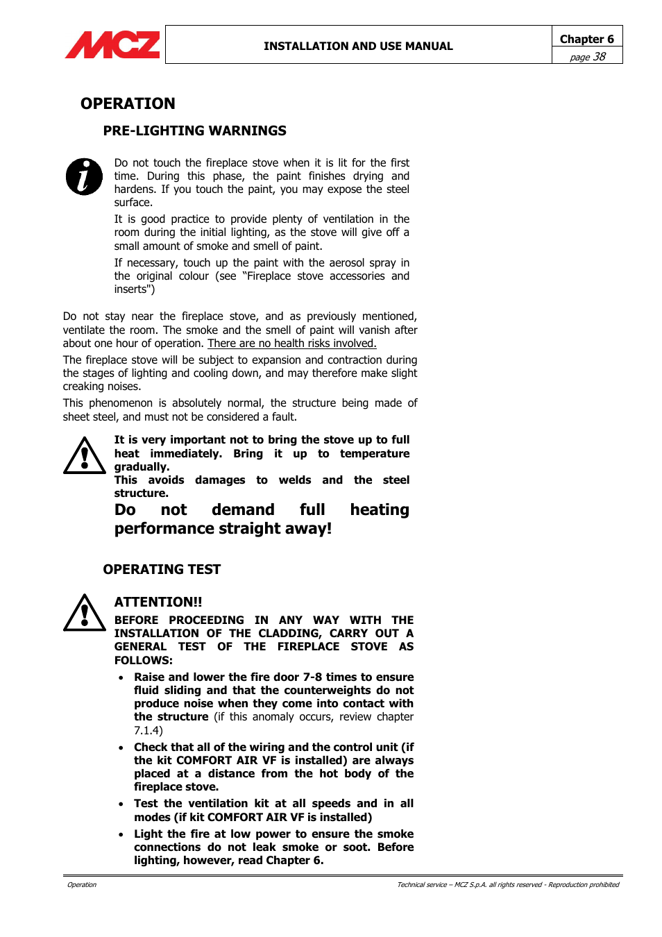 Operation, Pre-lighting warnings, Operating test | Attention | MCZ Forma Wood 115 User Manual | Page 38 / 46