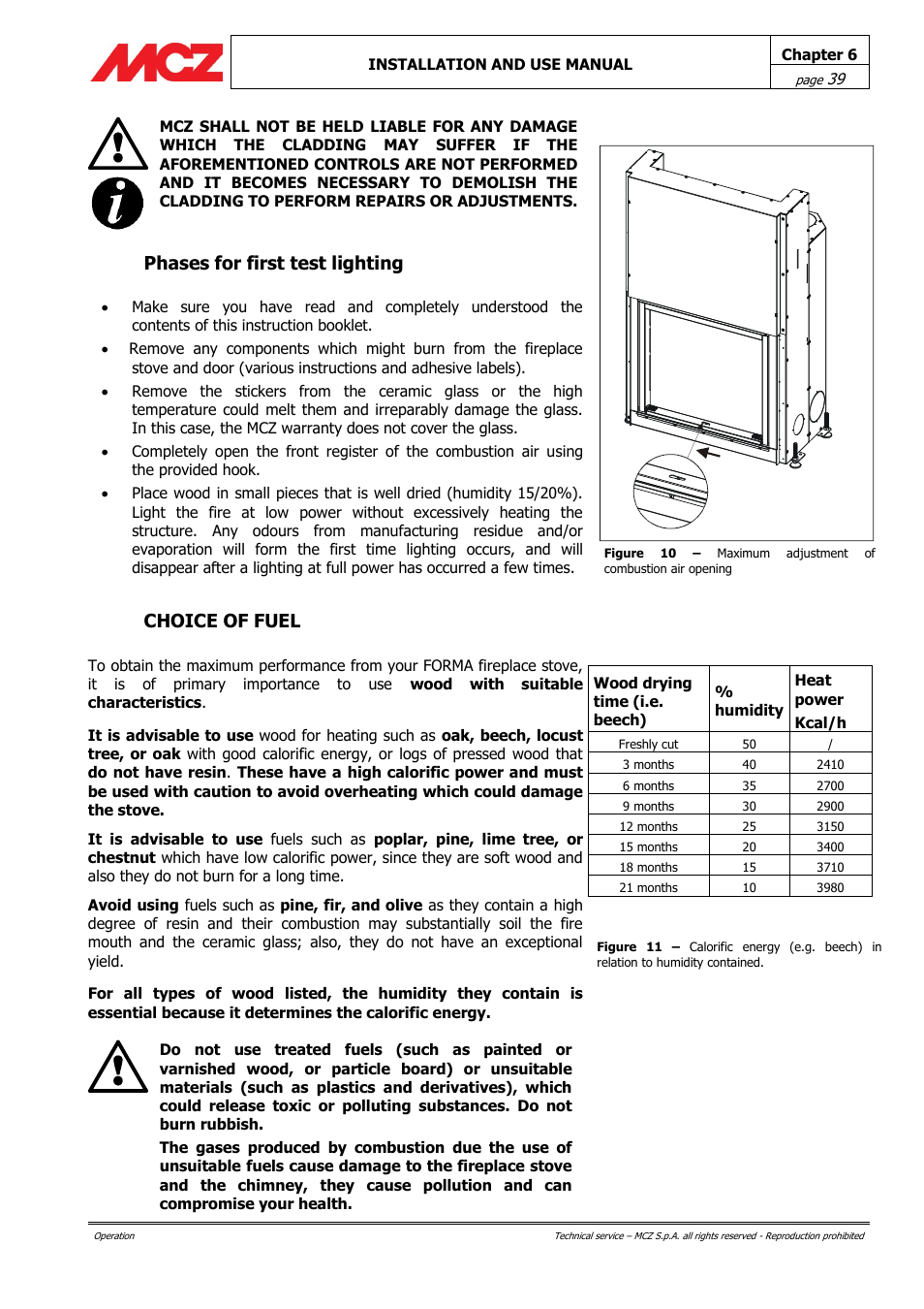 Phases for first test lighting, Choice of fuel | MCZ Forma Wood 115 User Manual | Page 39 / 46