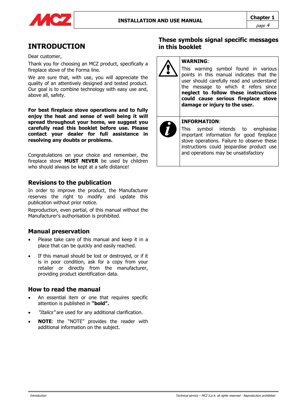 Introduction, Revisions to the publication, Manual preservation | How to read the manual | MCZ Forma Wood 115 User Manual | Page 4 / 46