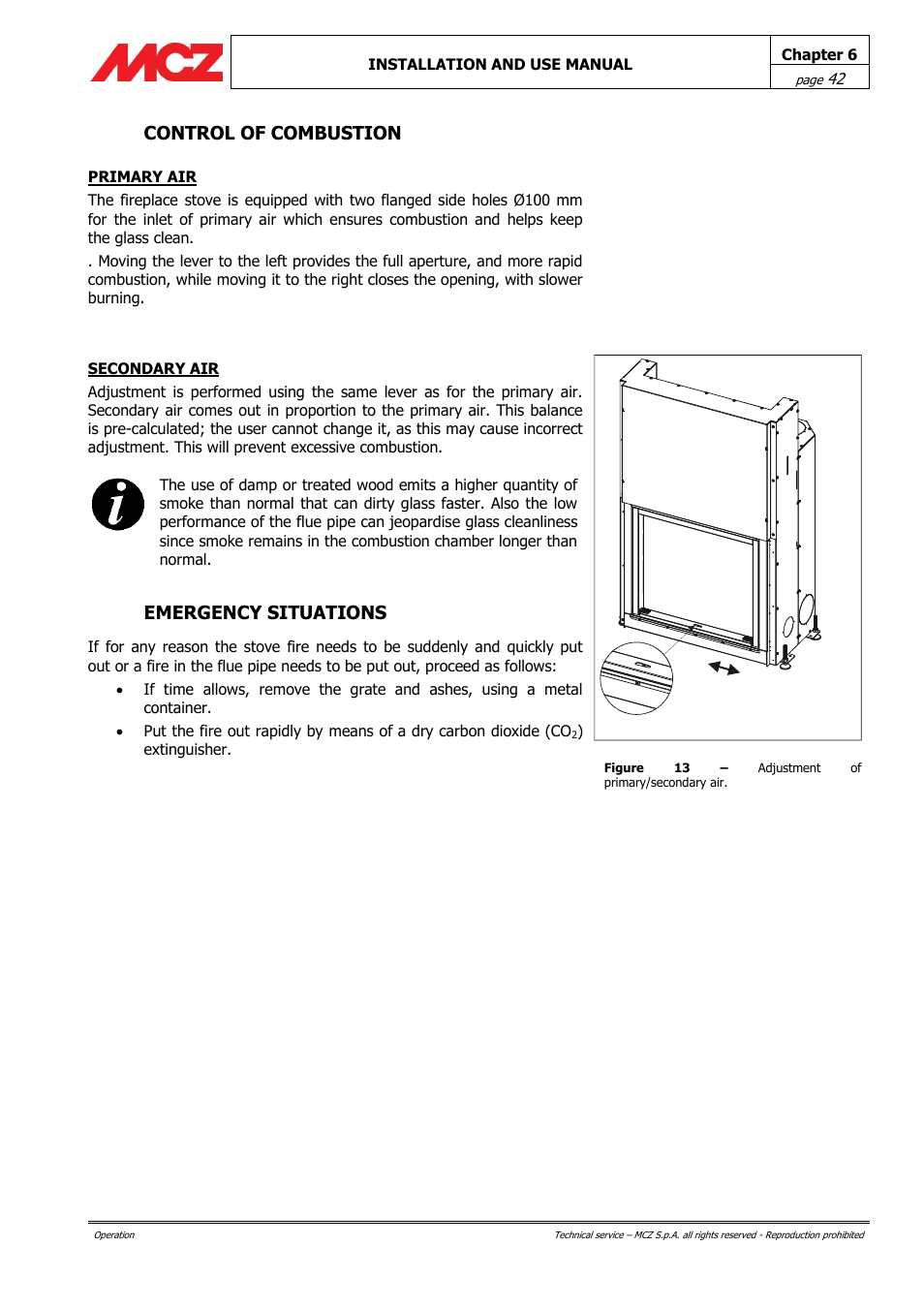 Control of combustion, Emergency situations | MCZ Forma Wood 115 User Manual | Page 42 / 46