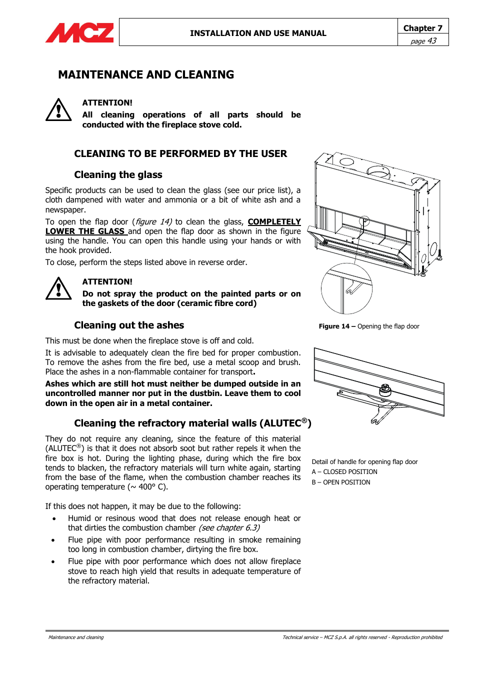 Maintenance and cleaning, Cleaning to be performed by the user, Cleaning the glass | Cleaning out the ashes, Cleaning the refractory material walls (alutec | MCZ Forma Wood 115 User Manual | Page 43 / 46