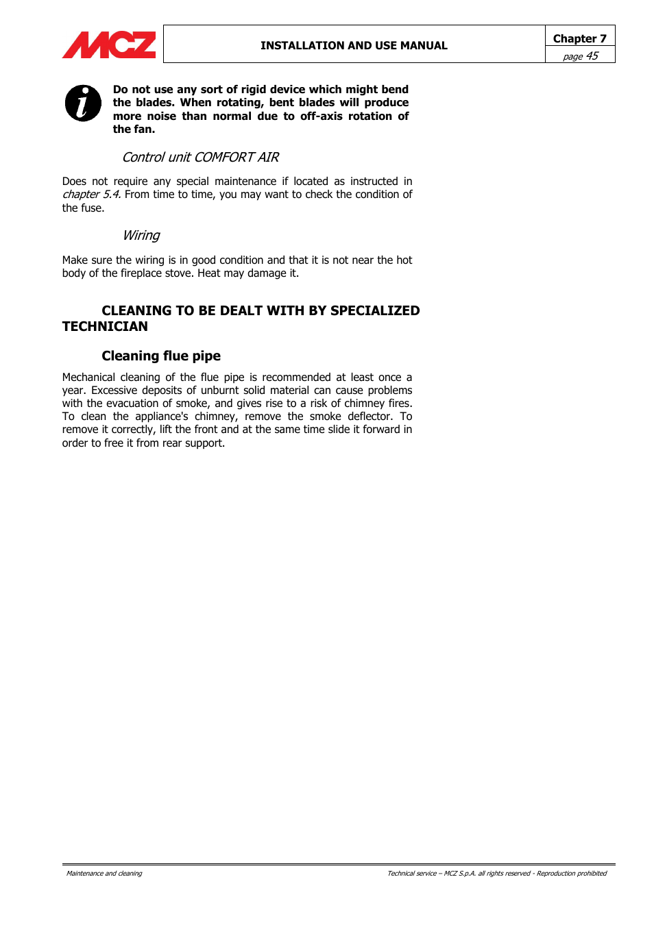 Control unit comfort air, Wiring, Cleaning flue pipe | MCZ Forma Wood 115 User Manual | Page 45 / 46