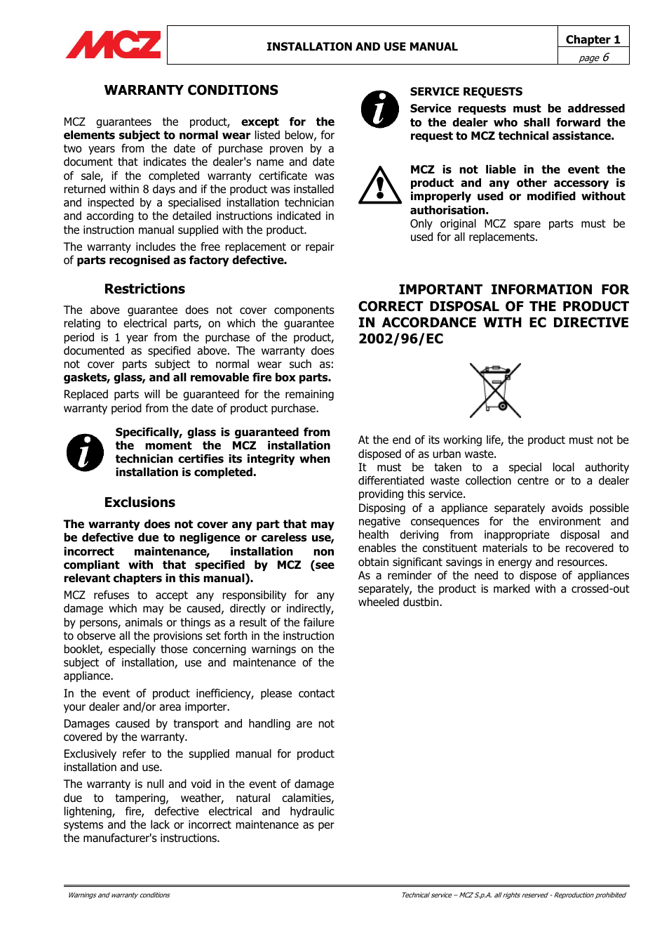 Warranty conditions, Restrictions, Exclusions | Directive 2002/96/ec | MCZ Forma Wood 115 User Manual | Page 6 / 46