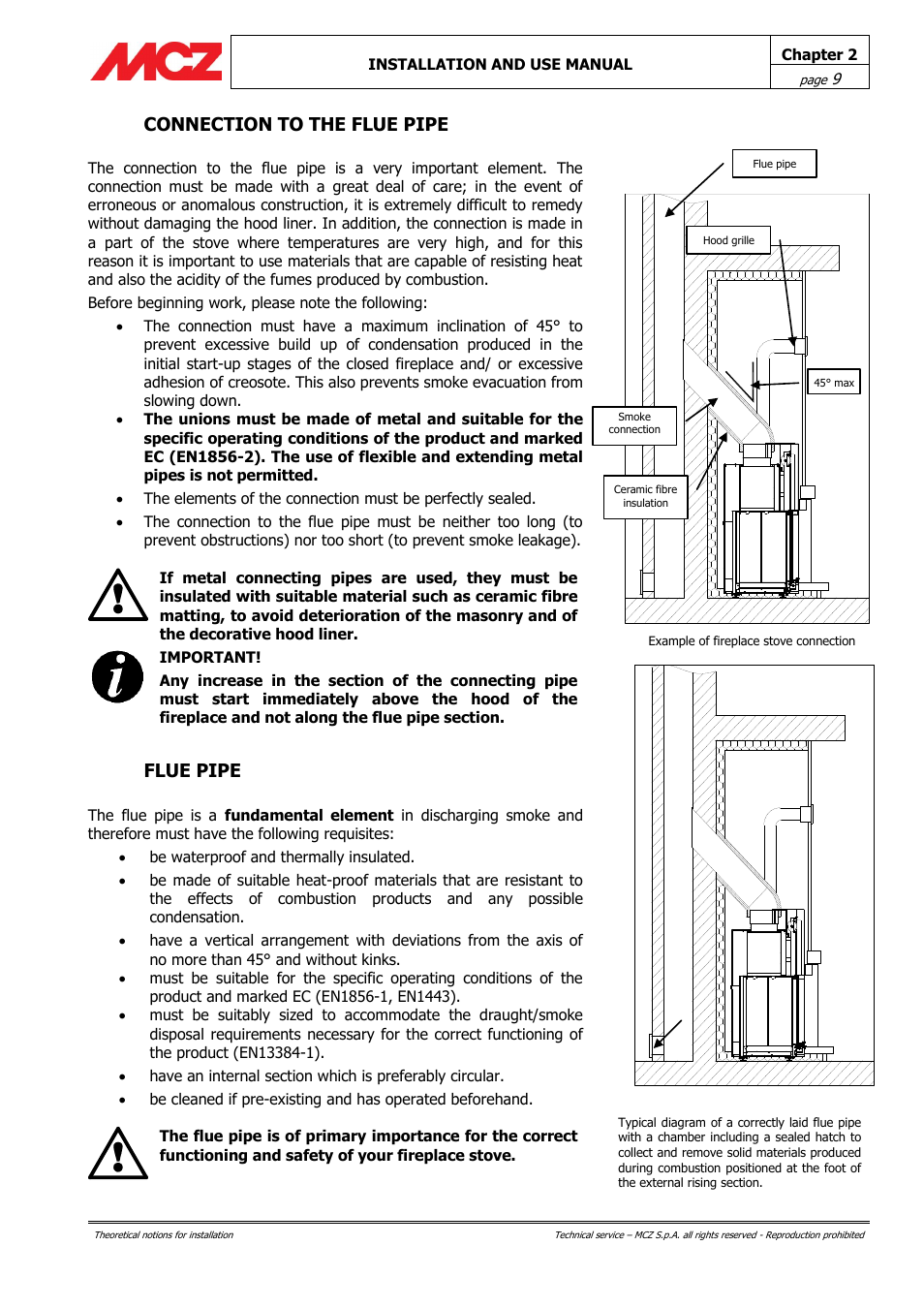 Connection to the flue pipe, Flue pipe | MCZ Forma Wood 115 User Manual | Page 9 / 46