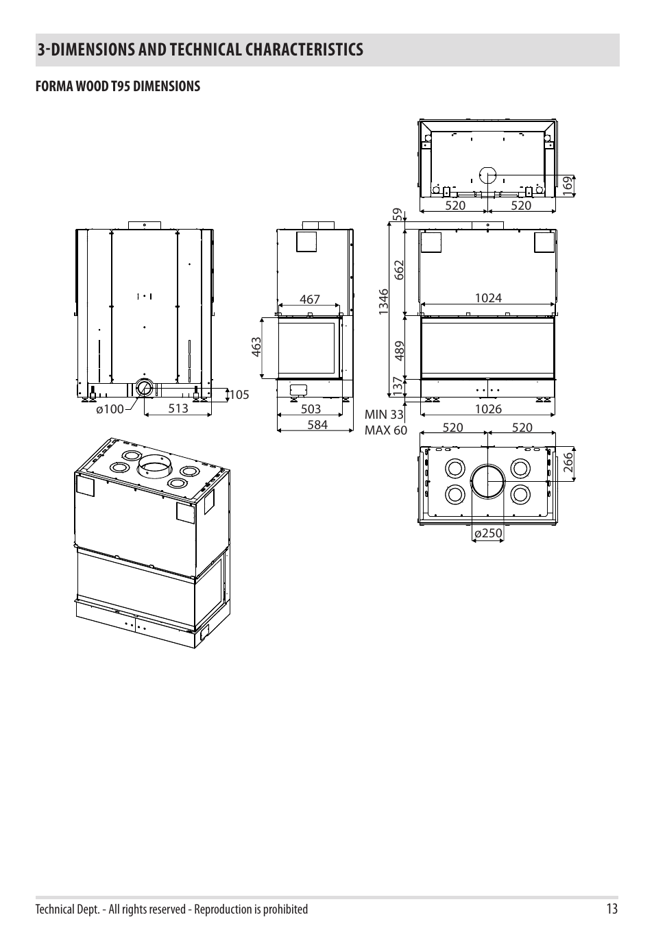 Dimensions and technical characteristics | MCZ Forma Wood 75 Dx User Manual | Page 15 / 36