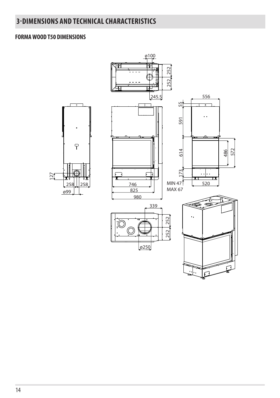 Dimensions and technical characteristics, Forma wood t50 dimensions | MCZ Forma Wood 75 Dx User Manual | Page 16 / 36