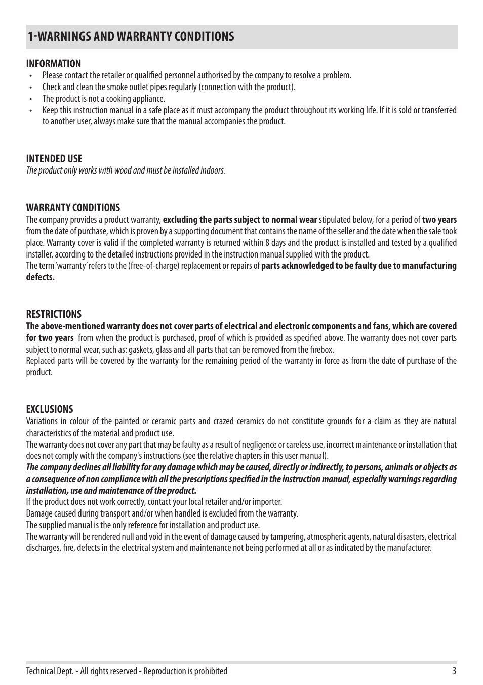 Warnings and warranty conditions | MCZ Forma Wood 75 Dx User Manual | Page 5 / 36