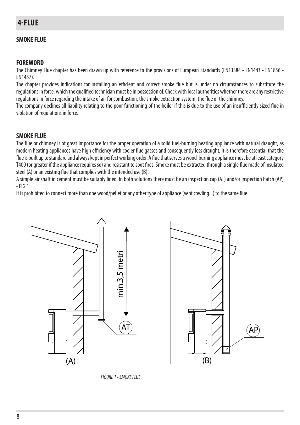 Min.3,5 metr i at (a) ap (b), Flue | MCZ Forma Wood 75 Dx - mod.2012 User Manual | Page 10 / 40