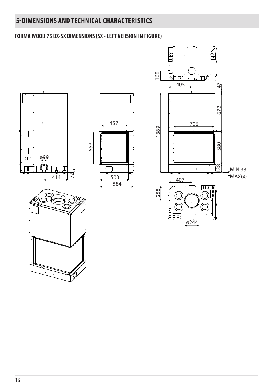 Dimensions and technical characteristics | MCZ Forma Wood 75 Dx - mod.2012 User Manual | Page 18 / 40