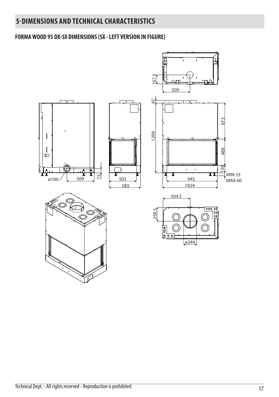 Dimensions and technical characteristics | MCZ Forma Wood 75 Dx - mod.2012 User Manual | Page 19 / 40