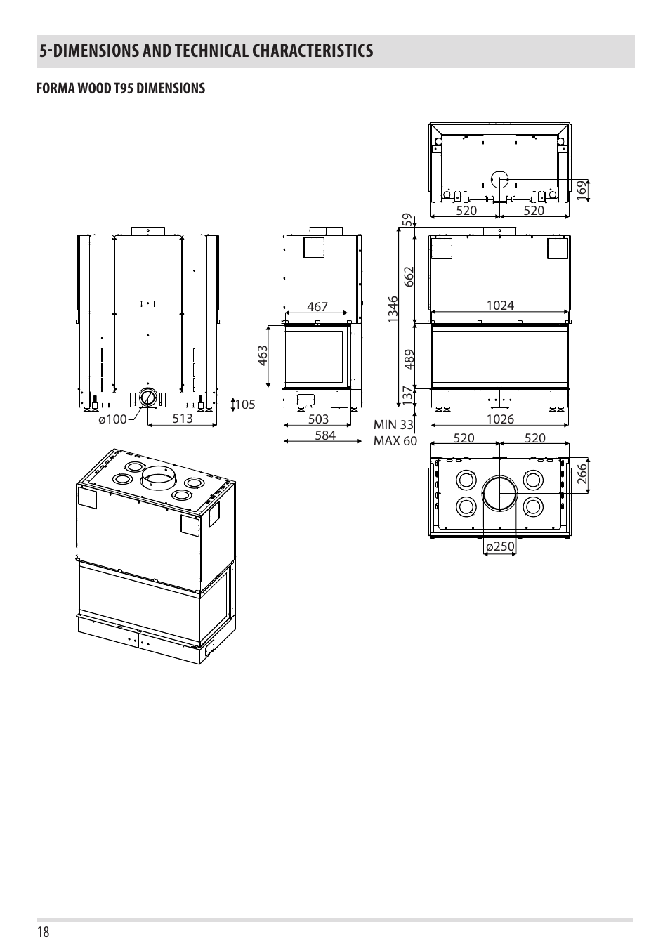 Dimensions and technical characteristics | MCZ Forma Wood 75 Dx - mod.2012 User Manual | Page 20 / 40
