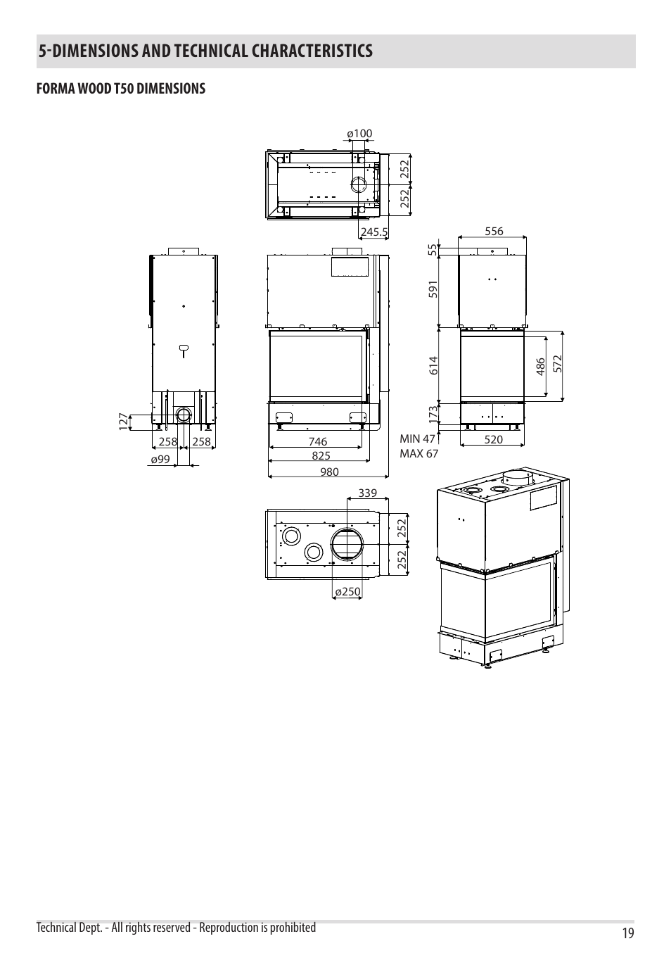 Dimensions and technical characteristics, Forma wood t50 dimensions | MCZ Forma Wood 75 Dx - mod.2012 User Manual | Page 21 / 40