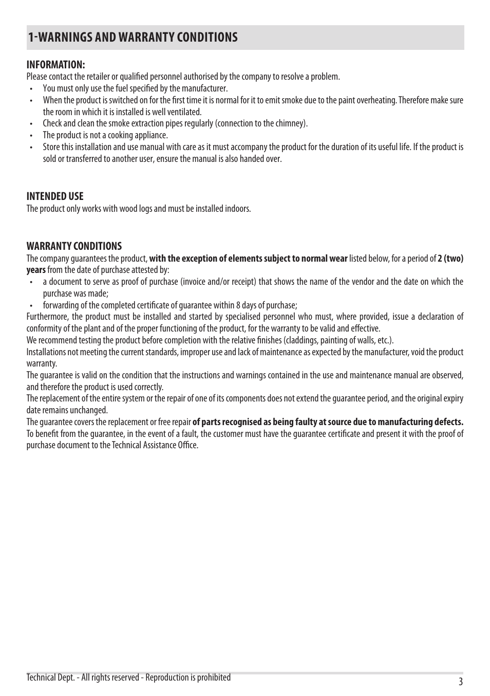 Warnings and warranty conditions | MCZ Forma Wood 75 Dx - mod.2012 User Manual | Page 5 / 40