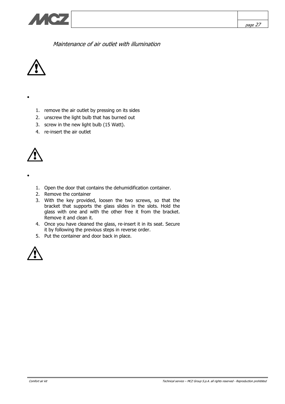 Maintenance of air outlet with illumination | MCZ Vivo 70 Wood User Manual | Page 27 / 42