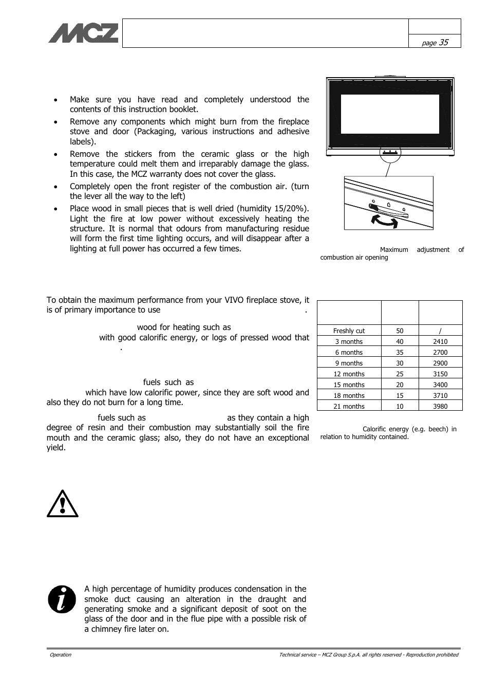 Phases for first test lighting, Choice of fuel | MCZ Vivo 70 Wood User Manual | Page 35 / 42