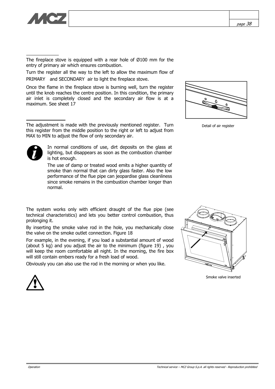Control of combustion, Smoke valve rod | MCZ Vivo 70 Wood User Manual | Page 38 / 42