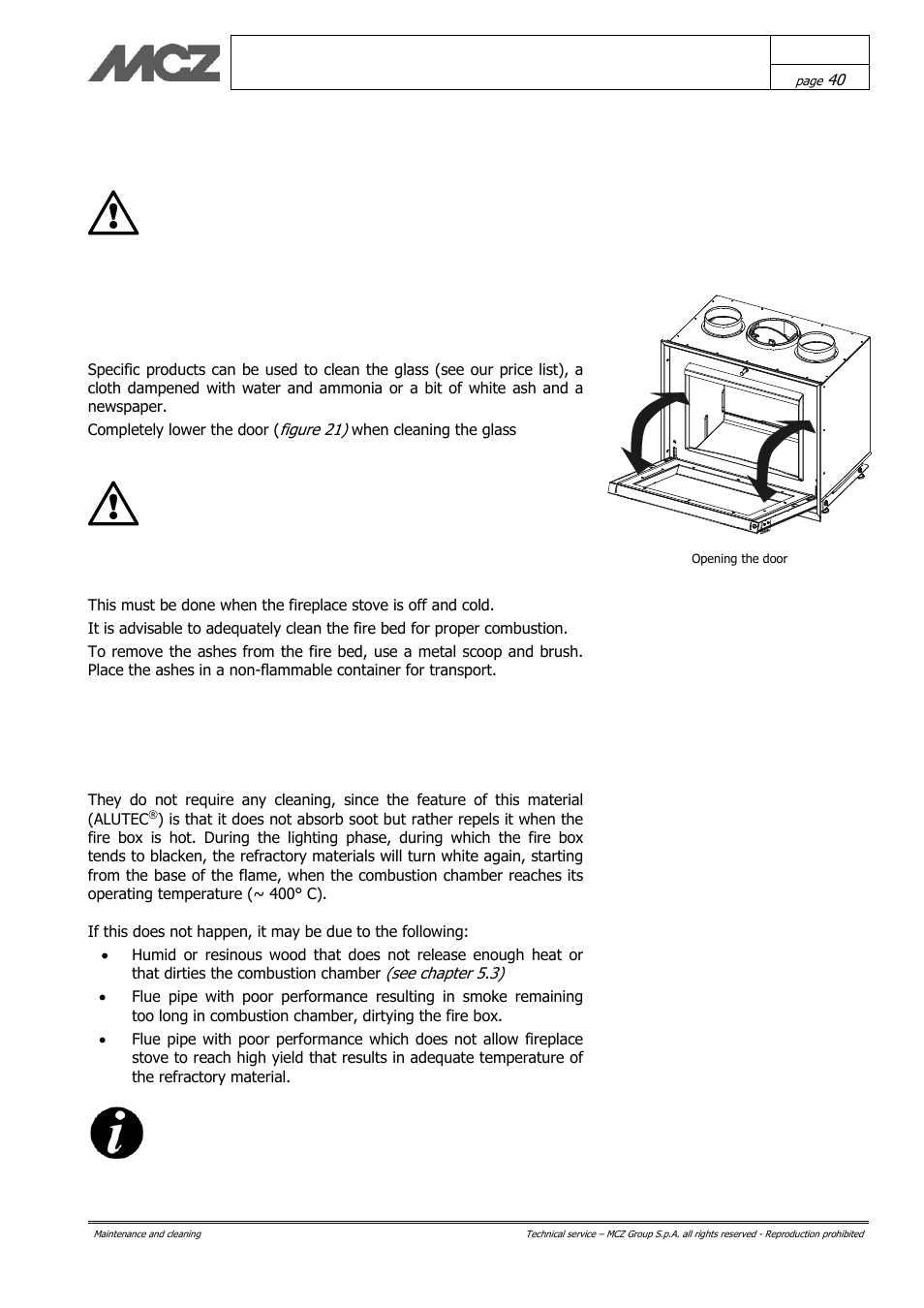 Maintenance and cleaning, Cleaning out the ashes, Cleaning the refractory material walls (alutec | MCZ Vivo 70 Wood User Manual | Page 40 / 42