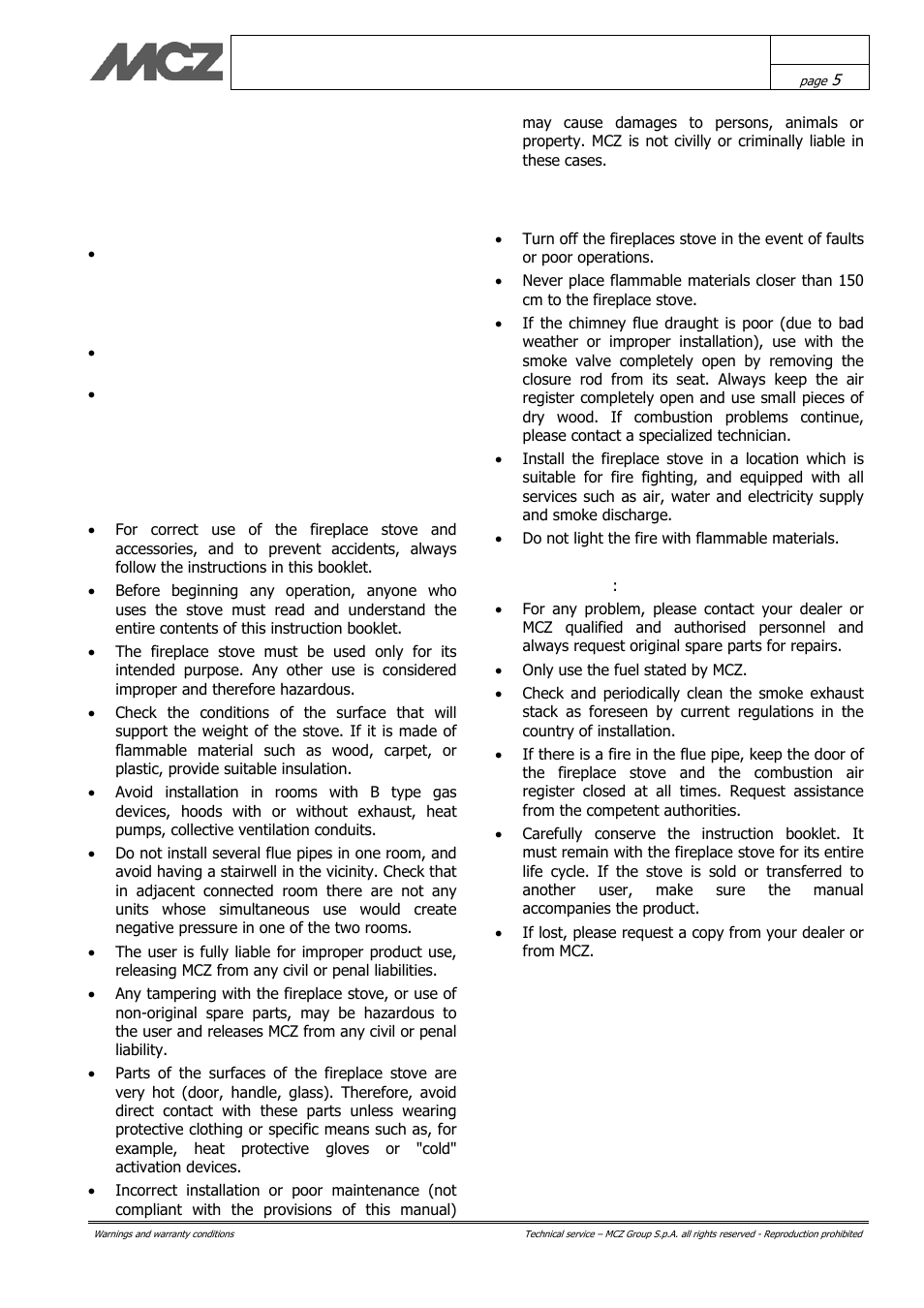 Warnings and warranty conditions | MCZ Vivo 70 Wood User Manual | Page 5 / 42