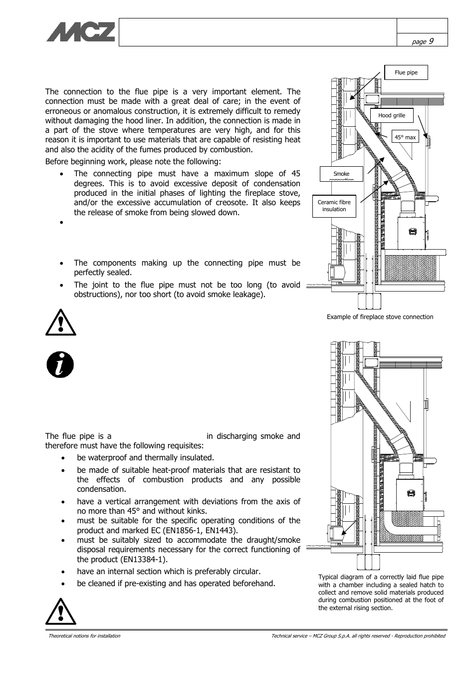 Connection to the flue pipe, Flue pipe | MCZ Vivo 70 Wood User Manual | Page 9 / 42