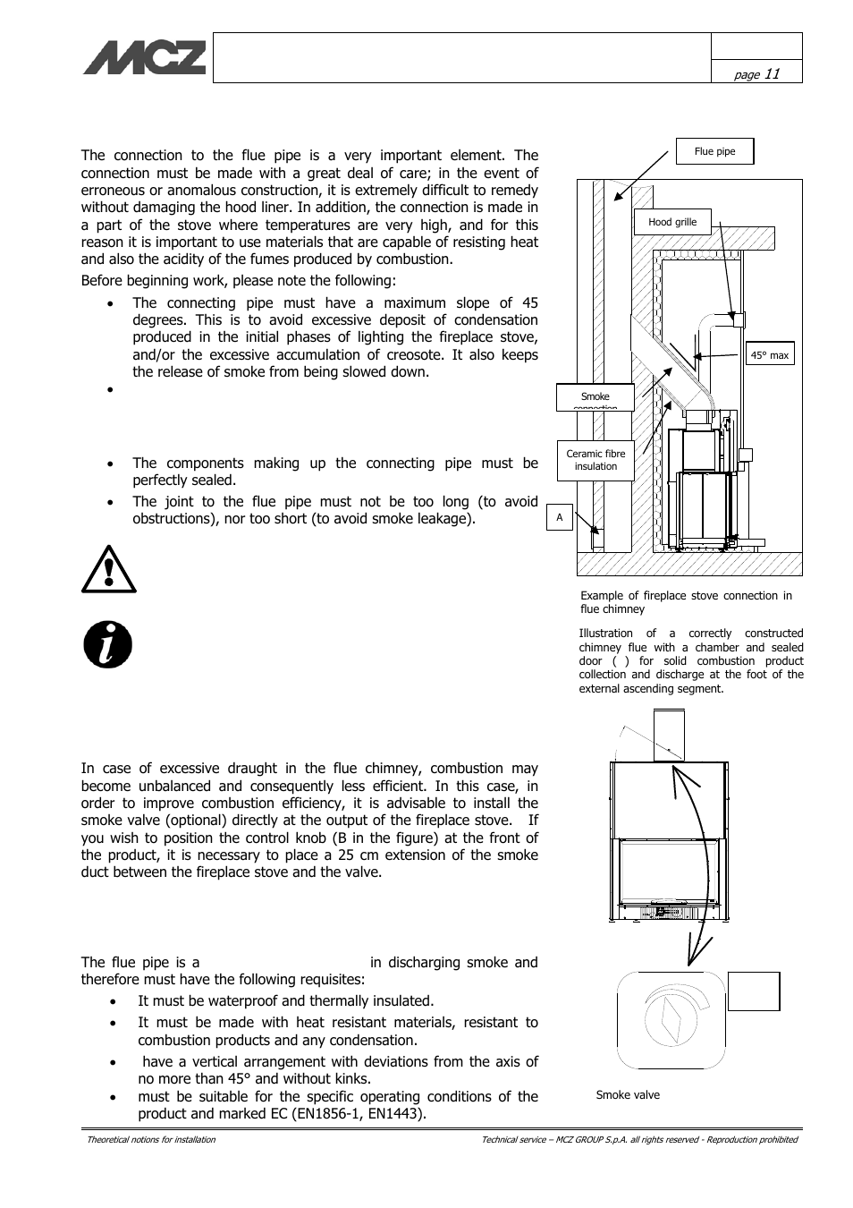 Connection to the flue pipe, Smoke valve (optional), Flue pipe | MCZ Hydrotherm 70 User Manual | Page 11 / 45