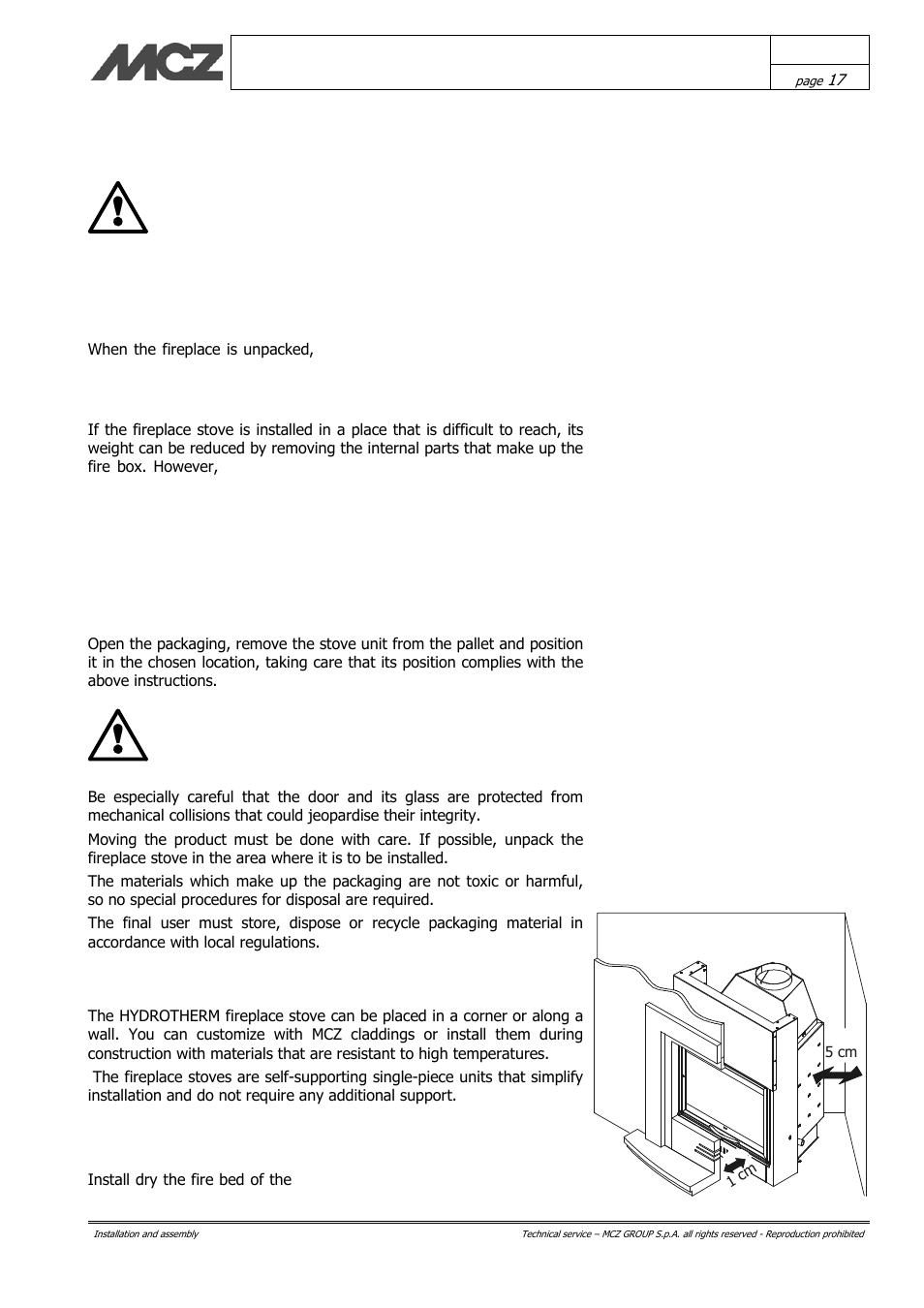 Installation and assembly, Preparation and unpacking, Positioning | MCZ Hydrotherm 70 User Manual | Page 17 / 45