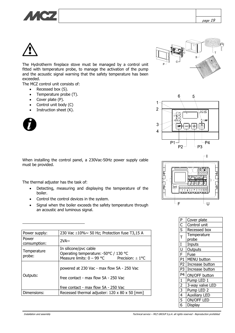 Mcz control unit connection, The control unit mcz | MCZ Hydrotherm 70 User Manual | Page 19 / 45