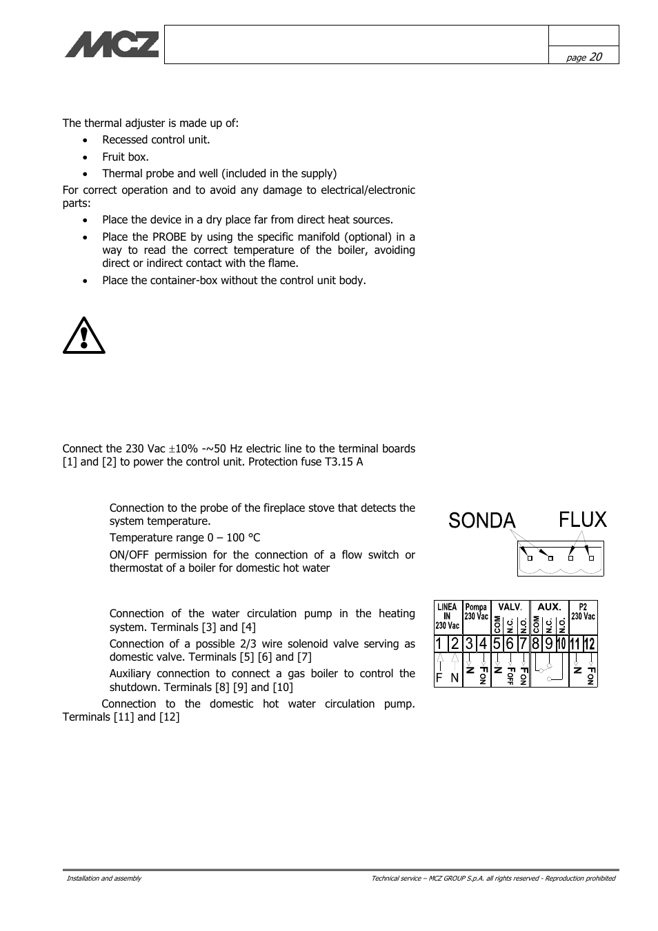 Electrical connection of the control unit mcz, Line, Inputs (i) | Outputs (u) | MCZ Hydrotherm 70 User Manual | Page 20 / 45