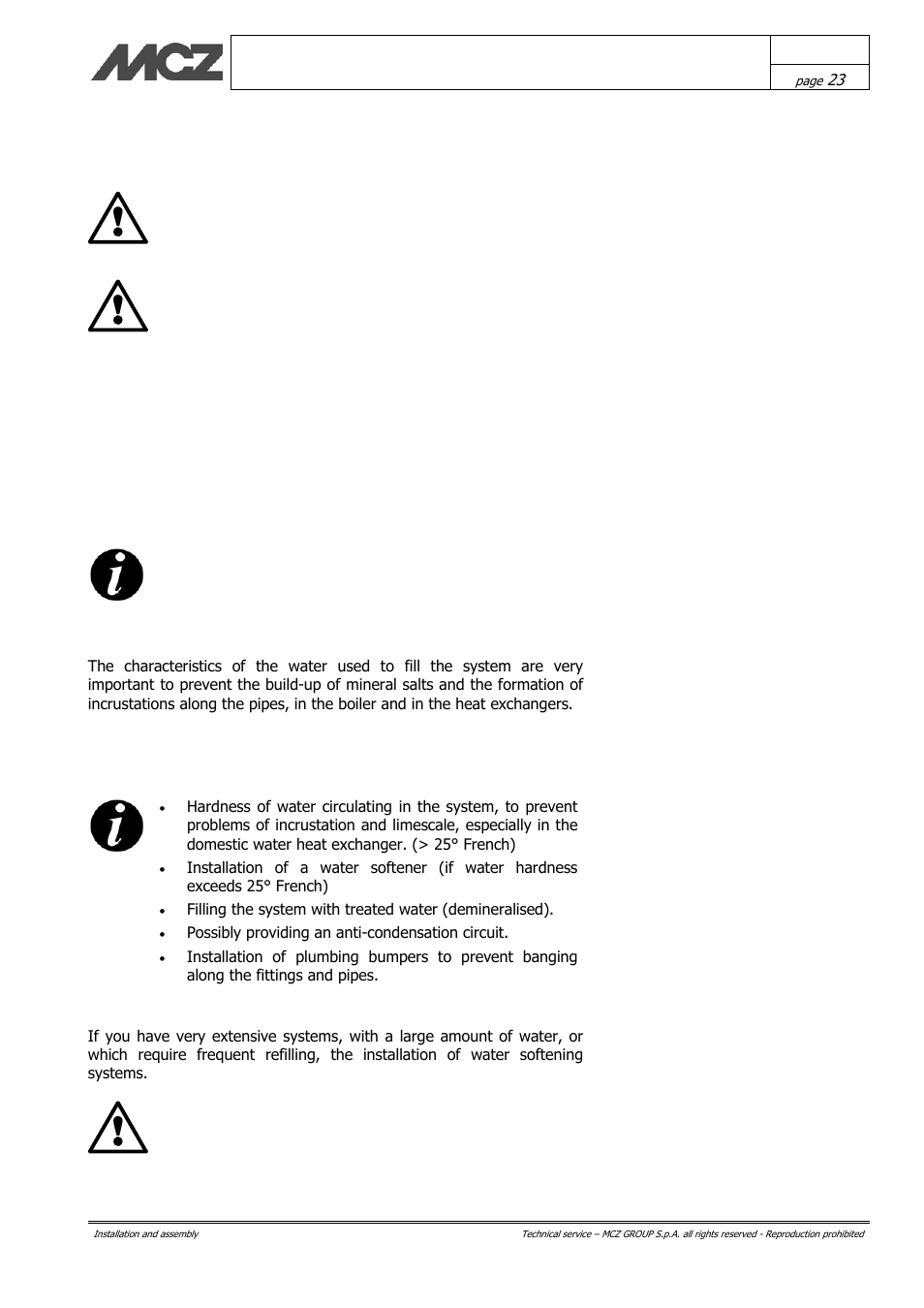 Plumbing connection, Water characteristics | MCZ Hydrotherm 70 User Manual | Page 23 / 45