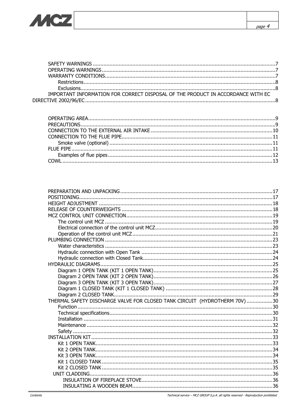 MCZ Hydrotherm 70 User Manual | Page 4 / 45