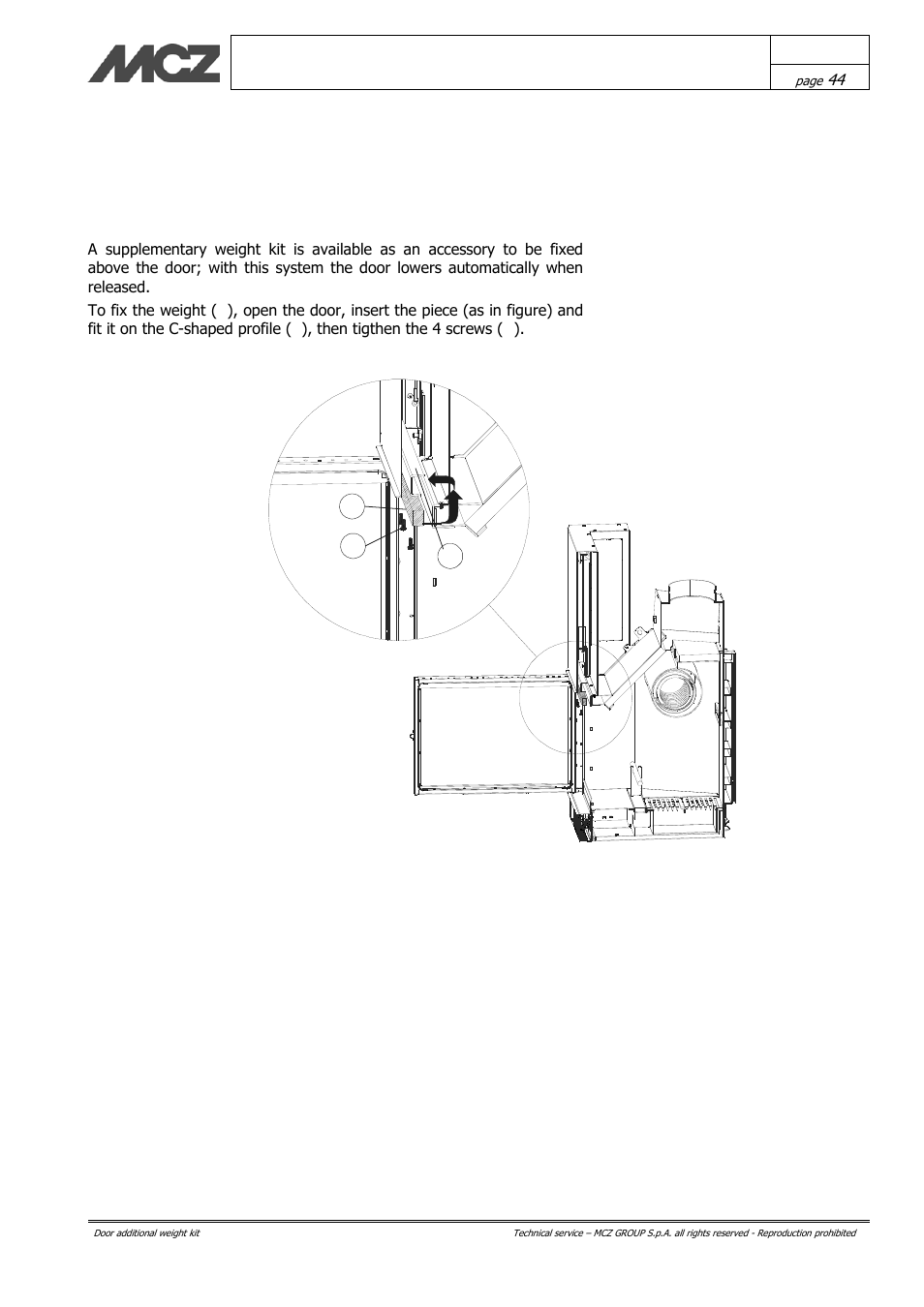 Door additional weight kit | MCZ Hydrotherm 70 User Manual | Page 44 / 45