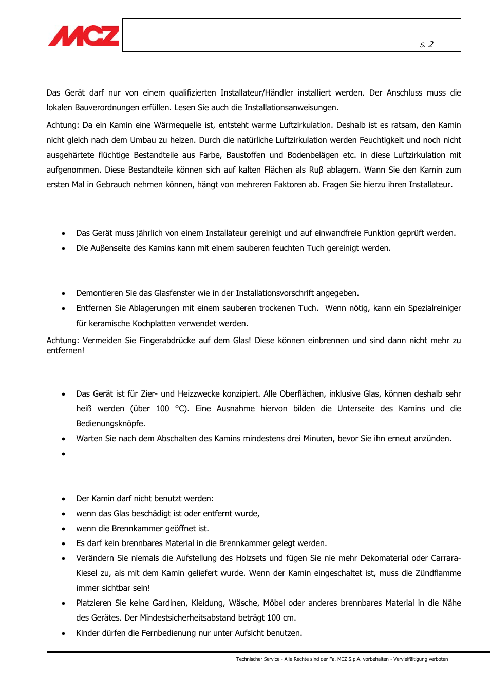 Bedienungsvorschrift, Reinigung und wartung, Sicherheitshinweise für den benutzer | MCZ Forma GAS 115 User Manual | Page 13 / 44