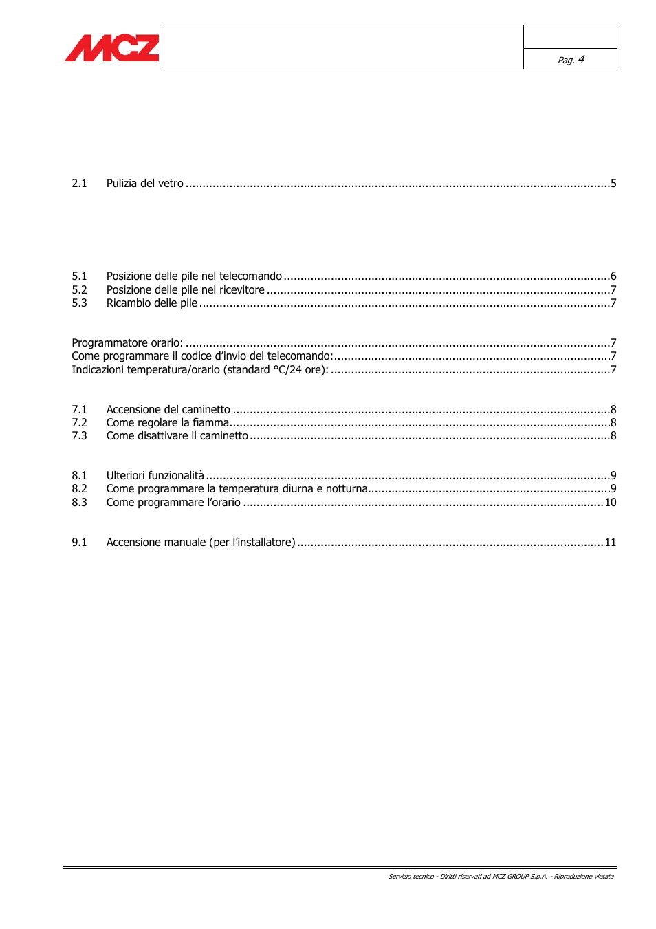 Indice | MCZ Forma GAS 115 User Manual | Page 4 / 44