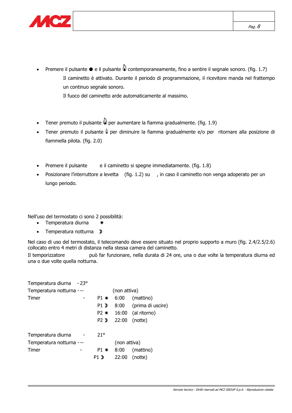 Uso del telecomando, Uso termostato e timer | MCZ Forma GAS 115 User Manual | Page 8 / 44