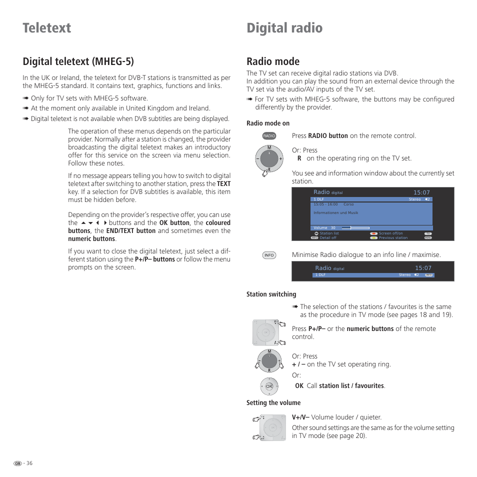 Teletext, Digital radio, Digital teletext (mheg-5) | Radio mode | Loewe L 37 Full-HD+ 100 User Manual | Page 36 / 72