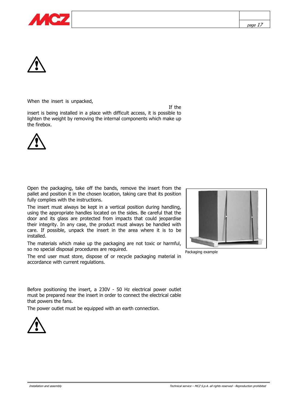 Installation and assembly, Preparation and unpacking, Making the electrical connections | MCZ Boxsystem 75 FR User Manual | Page 17 / 37