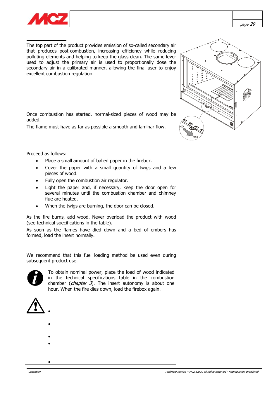 Caution, First lighting | MCZ Boxsystem 75 FR User Manual | Page 29 / 37