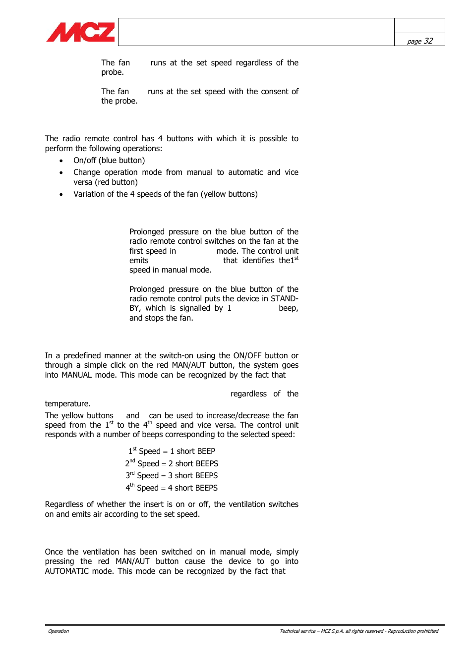 Radio remote control, Switching on and off, Manual mode | Automatic mode | MCZ Boxsystem 75 FR User Manual | Page 32 / 37